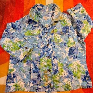 CJ Banks Floral Stretch Denim Jacket Blazer 2X Watercolor Artsy Button Down Boho